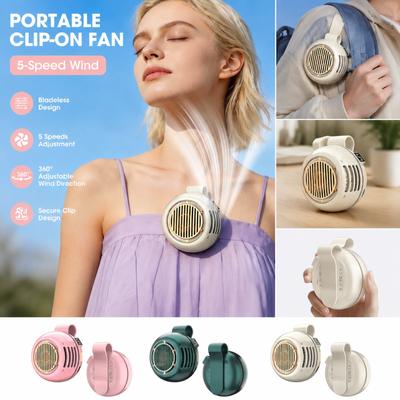 Portable Bladeless Clip Fan with Five Adjustable Speed Settings USB Powered Compact Design for Personal Cooling and Easy Attachment
