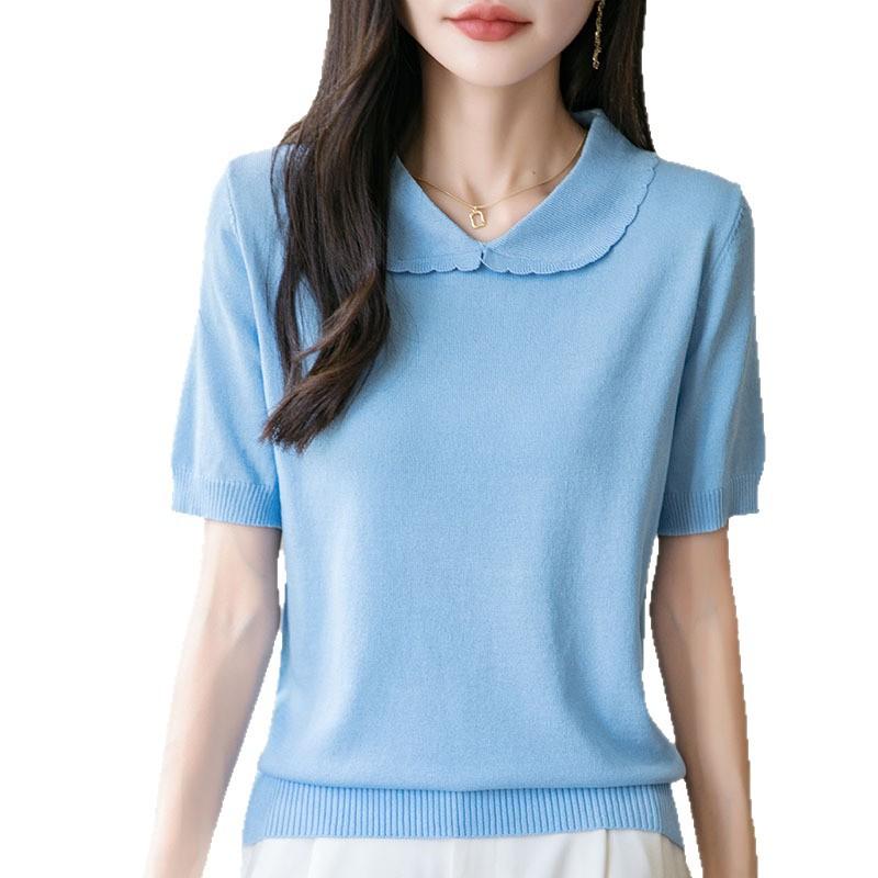 Doll Collar Ice Silk T-shirt Button-down New Summer Sweater Short-sleeved Age-reducing Top