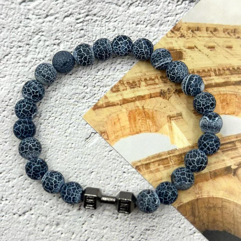"Turquoise & Volcanic Rock Beaded Bracelet with Dumbbell Charm – Unisex Jewelry”