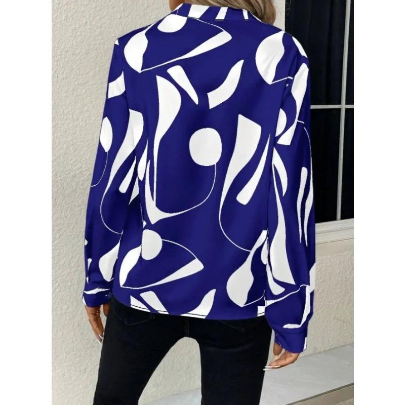 Women's Fashion Casual Spring Autumn Colour Block Print Long Sleeve V-Neck Blouses Shirts