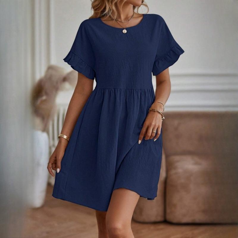 GMXIA Women's Temperament O-Neck Loose Cotton Linen Dress