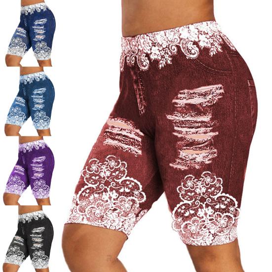 

Леггинсы для йоги с рваными отверстиями и принтом, женские узкие спортивные шорты длиной до колена, полубрюки