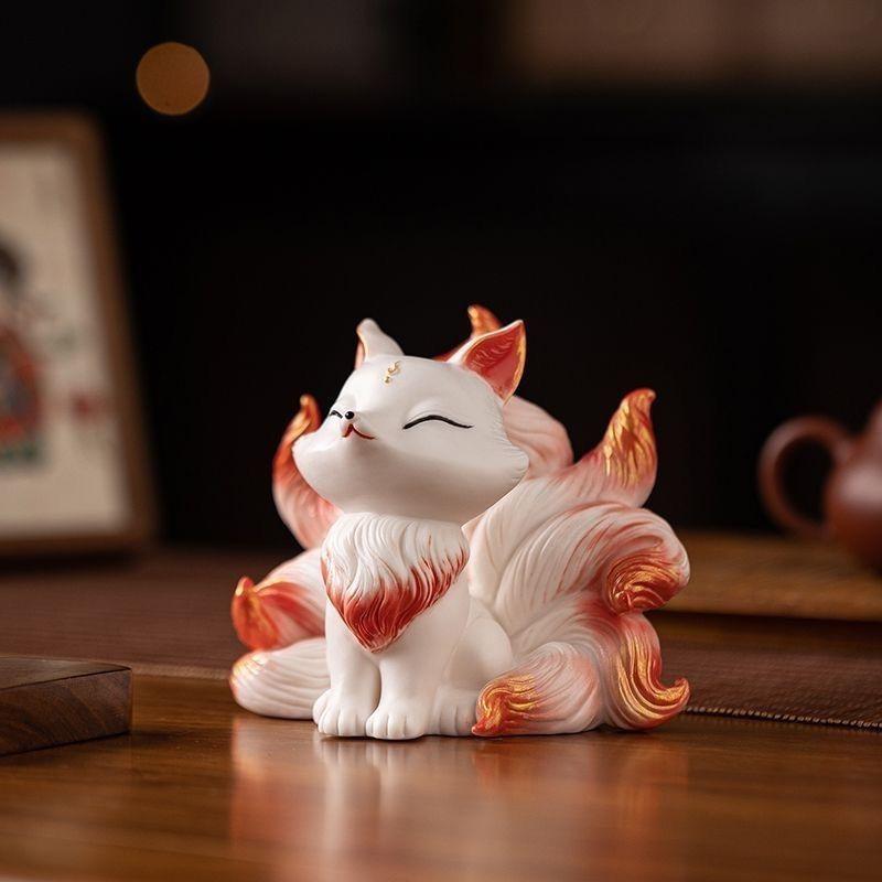 Nine Tailed Fox Statue Ceramic Animal Sculpture Mythical Creature Home Decor Living Room Tabletop Ornament Oriental Art Gift