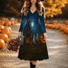 Halloween Women's Evil Pumpkin Print Midi Dress A Line Dress Vacation Casual Daily Regular Fit  Long Sleeve V Neck Black  Spring Fall