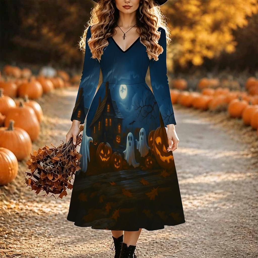 Halloween Women's Evil Pumpkin Print Midi Dress A Line Dress Vacation Casual Daily Regular Fit Long Sleeve V Neck Black Spring Fall