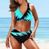 Traje de baño para mujer con cuello colgante y estampado tie dye azul, bikini corto sin mangas