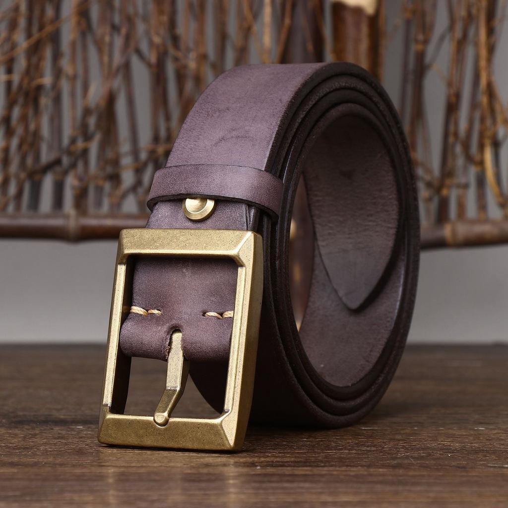 Retro Thickened First-Layer Cowhide Copper Buckle Belt Men'S Genuine Leather Pin Buckle Trendy Versatile High-End Tough Guy Rein Belt