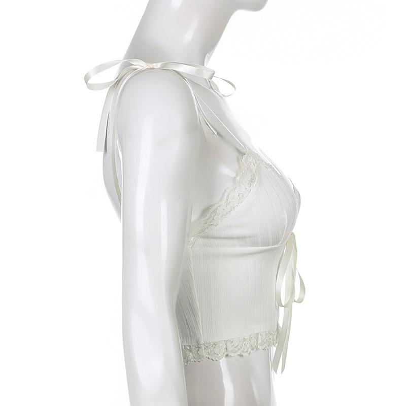 Women Simple Lace Flower Pit Strip Drawstring V-neck Suspender Vest Short Top