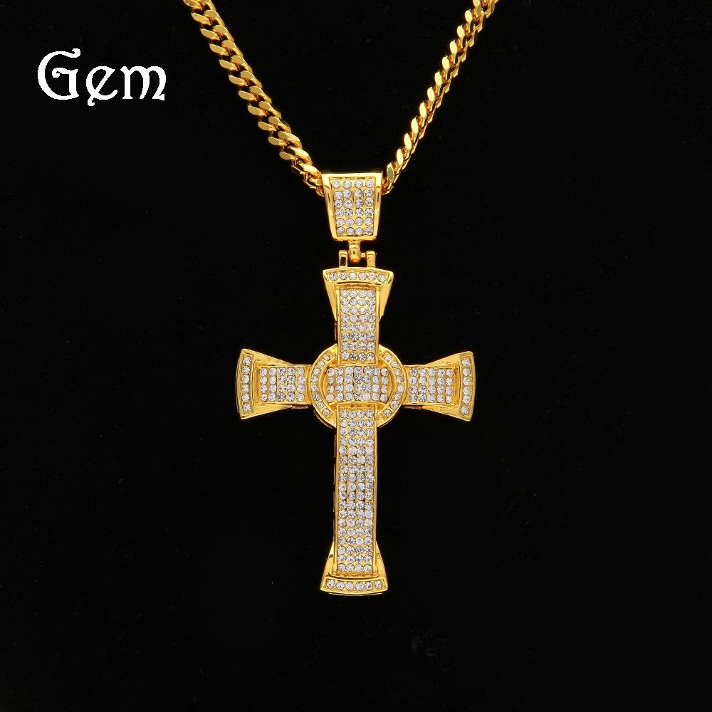 Hip Hop Classic Diamond Cross Pendant Alloy Necklace Men's Hiphop Rap Necklace Hiphop Pendant