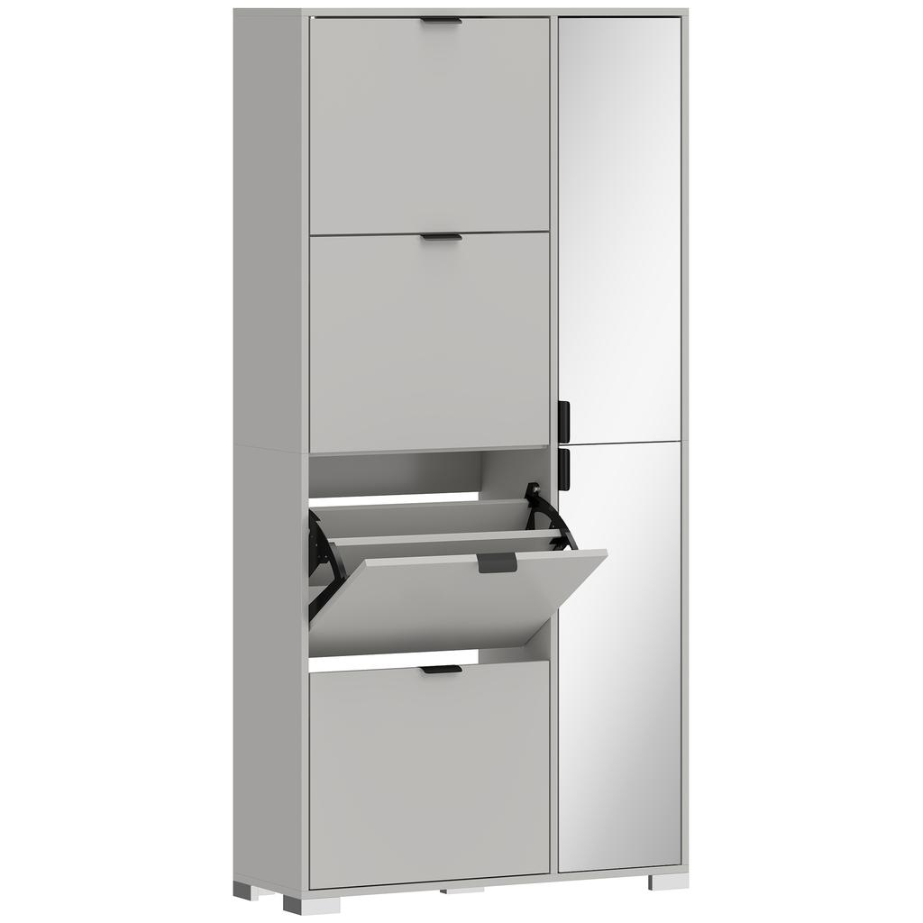 Shoe Rack with Mirror, 4 Flap Drawers, Gray