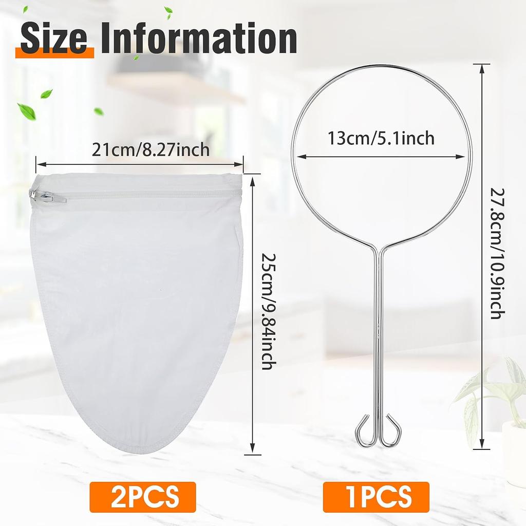 2 Pack Ultra Fine Mesh Strainer Bag with 1 Stainless Steel Frame Handle, Reble Food Grade Juice Strainer with Filter Zipper Bags Cheese Cloths for