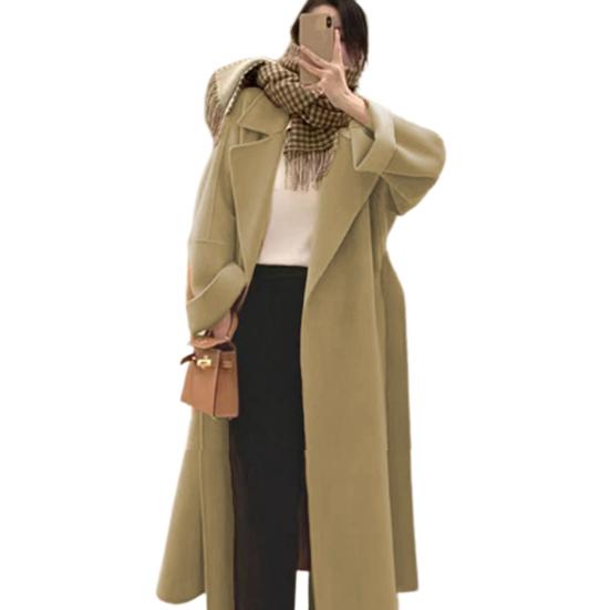 Women Winter Overcoat with Belt Turn-down Collar Pockets Pure Color Cardigan Mid Length Coat Thermal Long Sleeves Commuting Dating Winter Coat