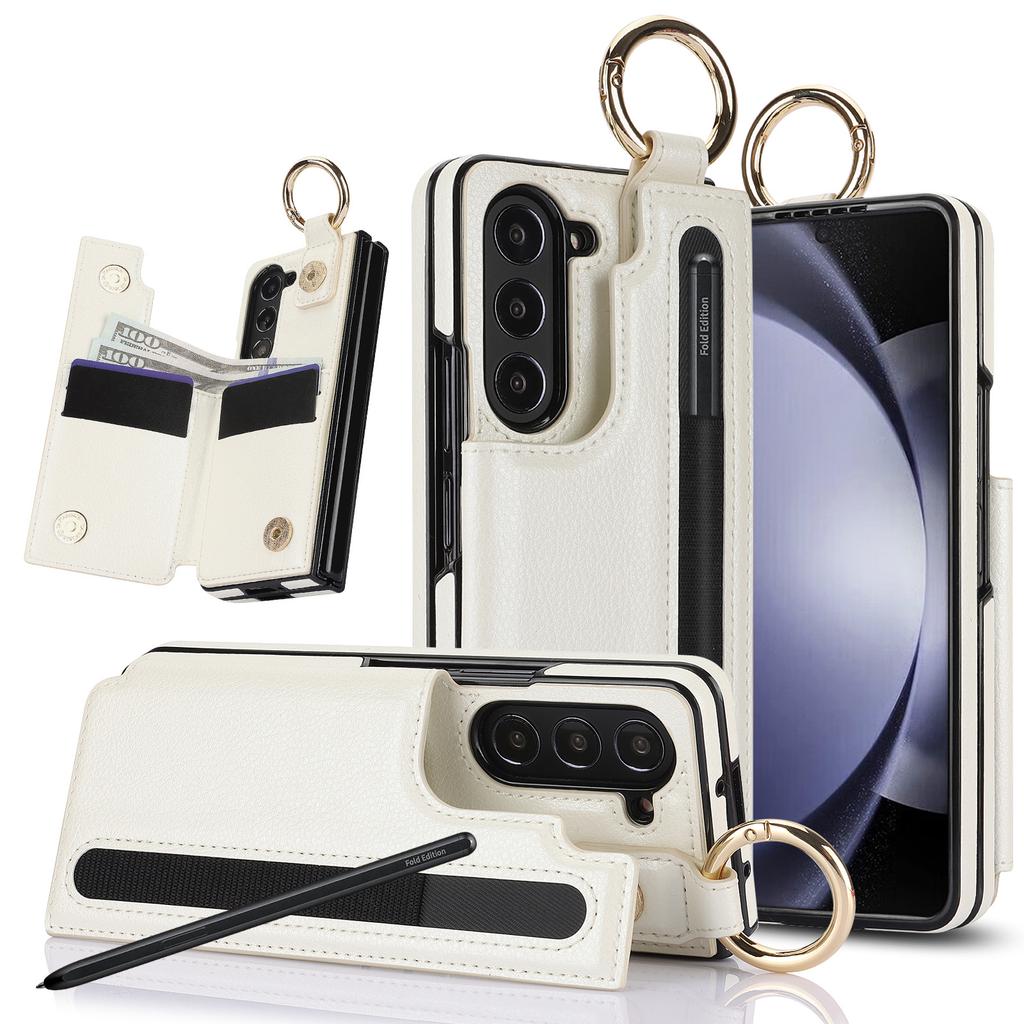 Fold7 Ring Leder Handyhülle für Samsung Galaxy Z Fold 7 6 5 4 3 Stifthalter Doppelschnalle Klapp-Kartenhalter Geldbörse Harte Abdeckung