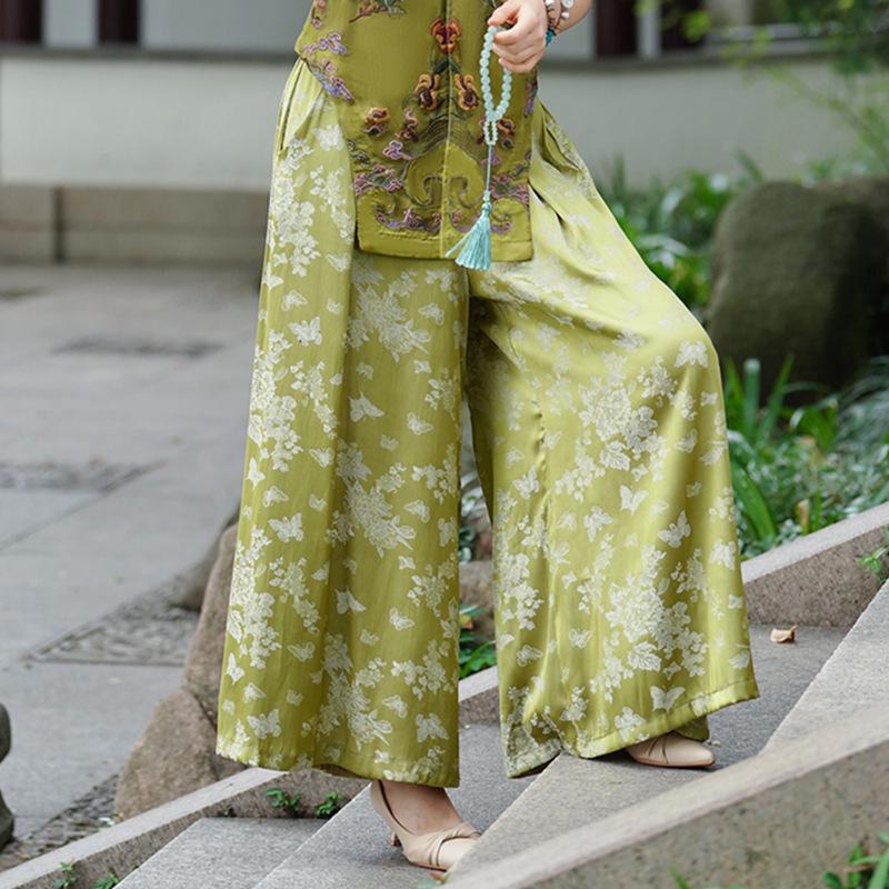 

Женские брюки этнического стиля с высокой талией из тенселя и сатина, широкие штанины, 2025 One Size зелёный