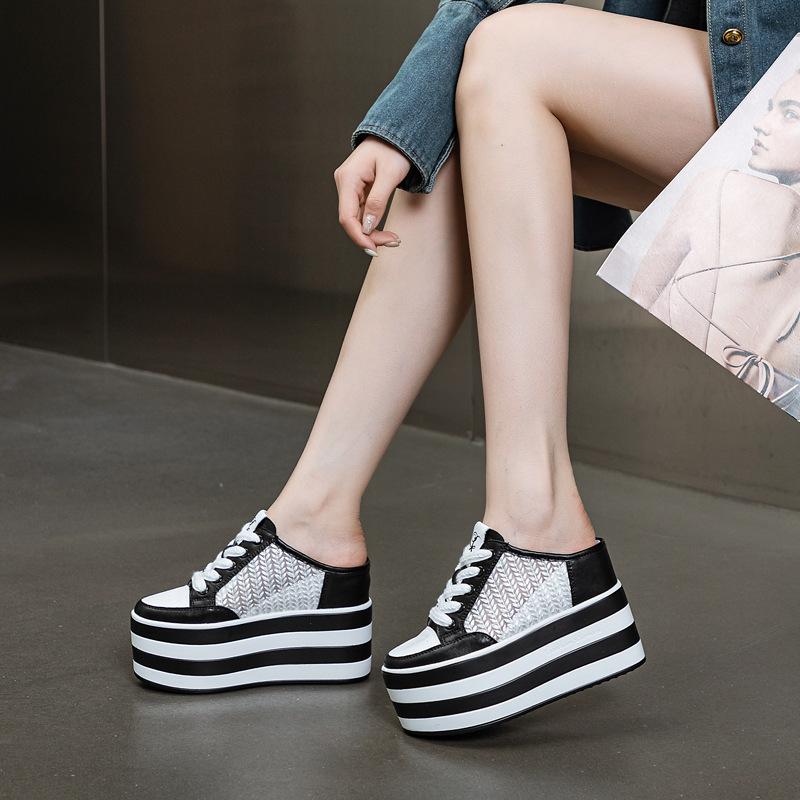 Fashion 12cm Slides Shoes Sneakers Slip on Slippers Women Summer Shoes Wedge Microfiber Leather Air Mesh Glitter Platform Sandals