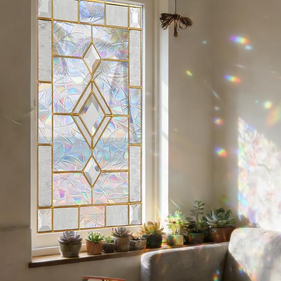 Vintage Window Privacy Film Geometric Stained Glass Flower Decorative Frosted Static Cling Reusable UV Sun Blocking Glass Sticker