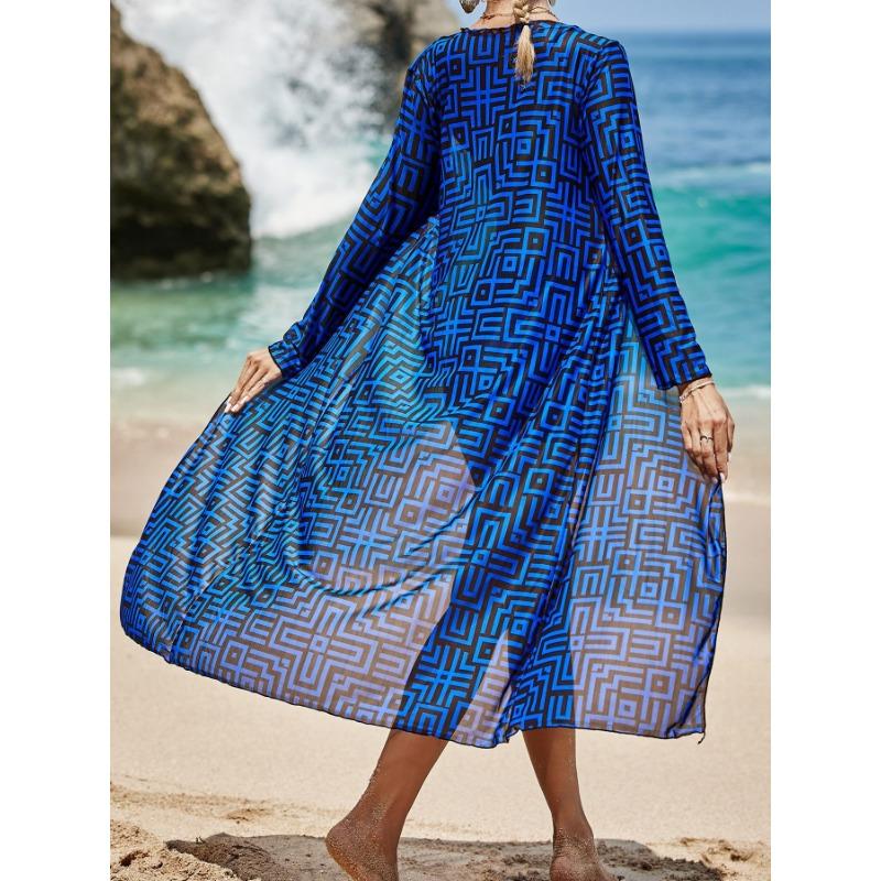 Women's Geometric Print Drawstring Bikini Set with Sheer Cover Up 3 Piece Swimwear