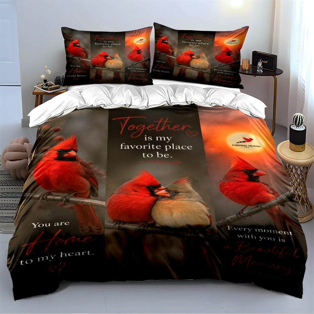 Cardinal Birds with Romantic Text Print Set Bedding Set (1 Duvet Cover, 2 Pillowcases, Duvet Not Included)