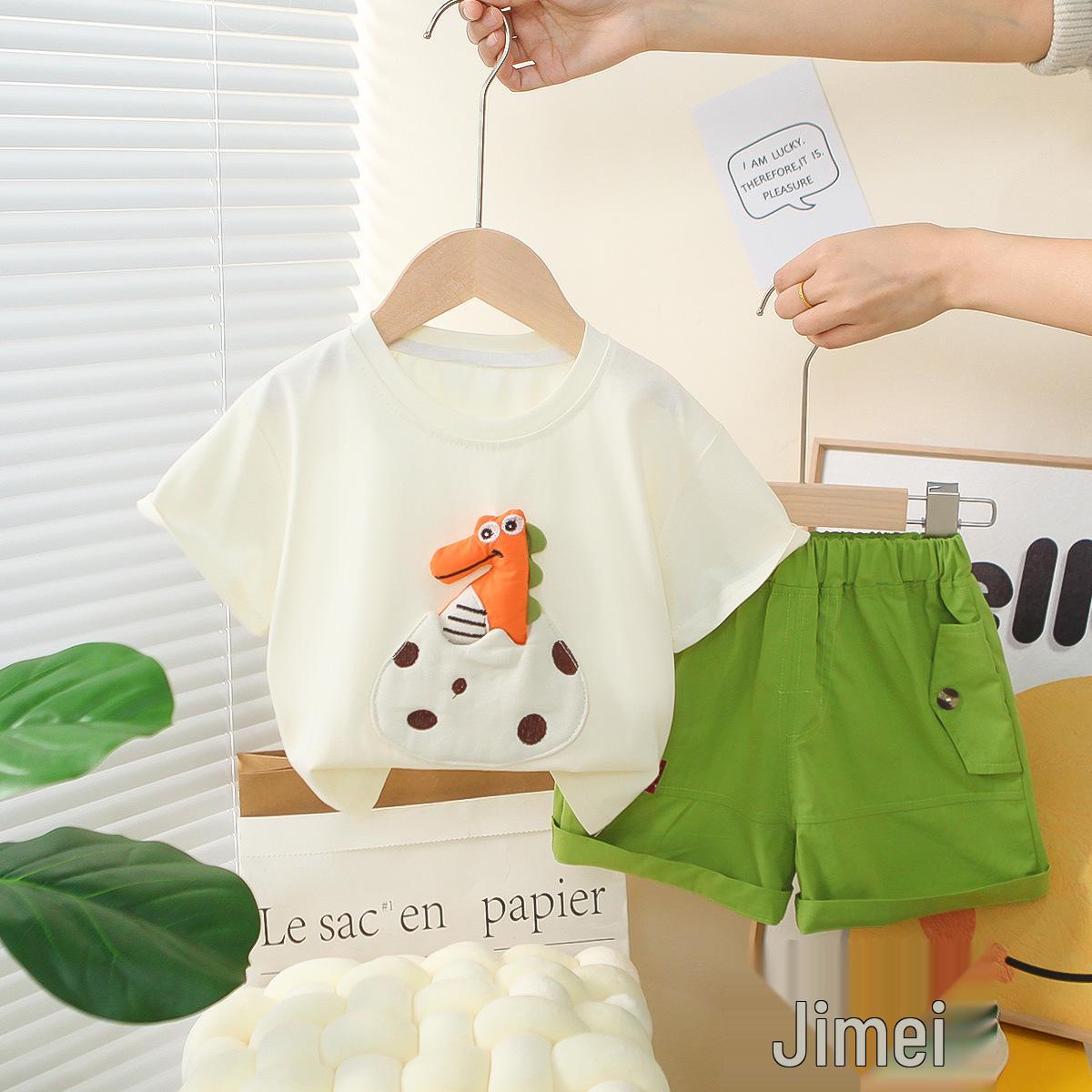 

2025 Летний комплект из двух предметов для мальчиков с мультяшным динозавром и яйцом: Топ с короткими рукавами и шорты 100 cm белый