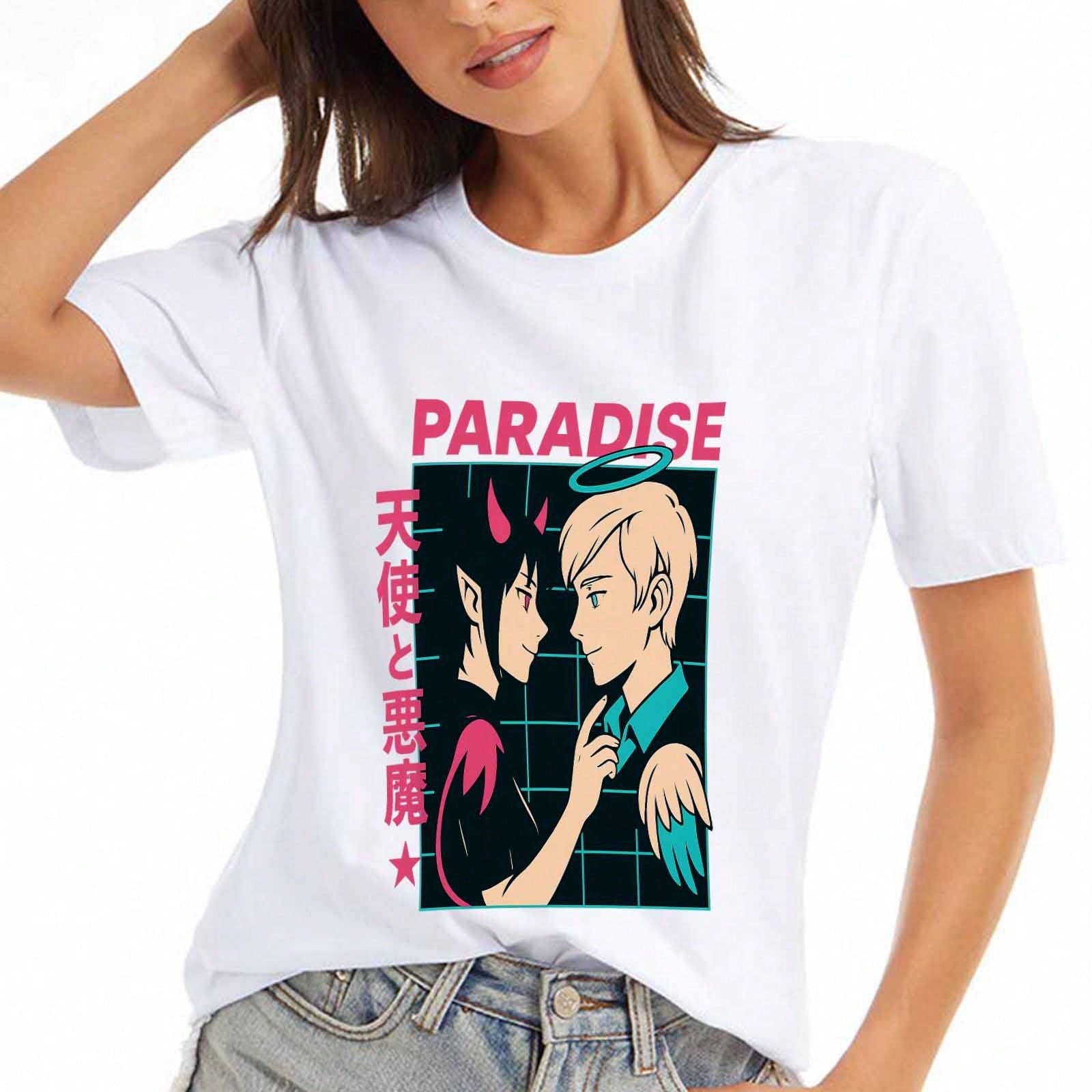 Angel And Demon Ladies  Cotton T Shirt, Pure Cotton Premium Print, Durable, Casual And Fashionable. Paradise Angel And Devil Anime Design, Aesthetical S разноцветный