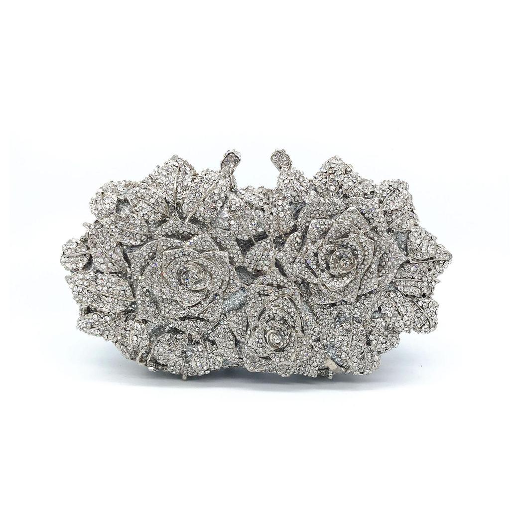 Elegante Borsa a Pochette da Sera in Cristallo e Strass a Forma di Rosa