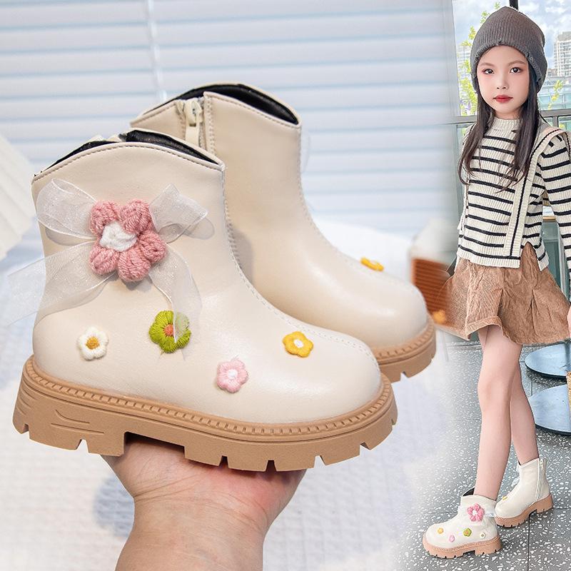 Beige Princess Ankle Boots for Girls - Soft Sole Leather, Non-Slip, 2025 New Style