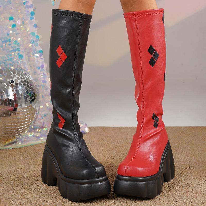 Platform Block Heel High Boots Women'S Round Toe Sleeve Soft Sole Waterproof Non-Slip Boots