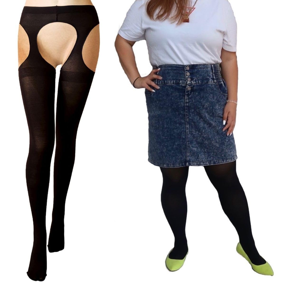 

80D Колготки с подтяжками большого размера с боковыми отверстиями [NAKAMAJITA] 3L-8L (JP, Алфавит, 5L, 6L, 1, Черный) чёрный