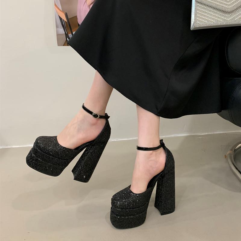 Fashion Bling Bling Fashion Sequined Double Platform Wedges Women Gladiator Sandals Summer Sexy 15cm Ultra High Heels Party Prom Shoes