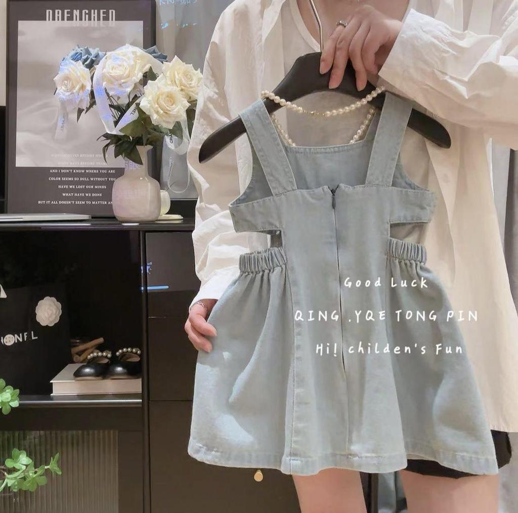 Girls' 2024 Korean-Style Washed Soft Denim Overall Vest Skirt - Summer Fashion