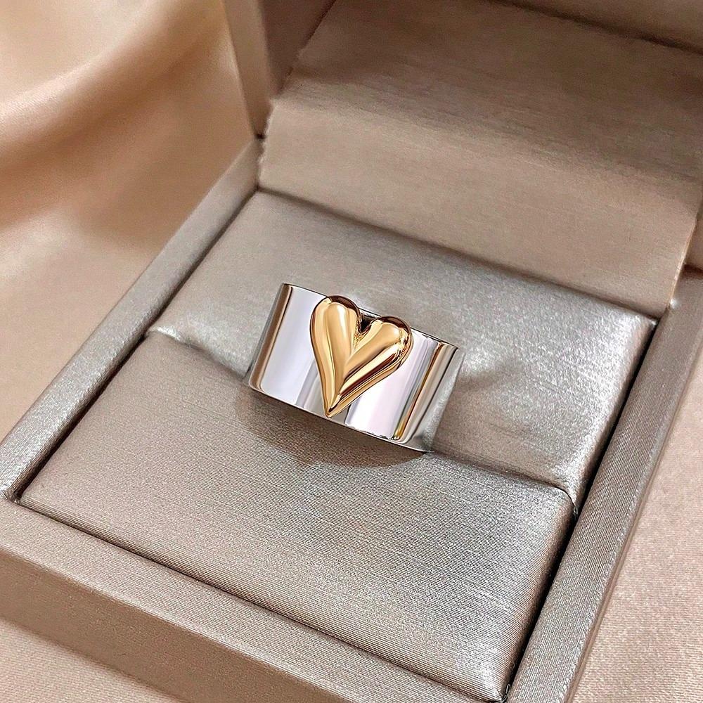 New Creativity Stainless Steel Heart Pattern Cuff Ring for Women Men Tide Wide Thick Personality Exaggerated Charm Party Zircon