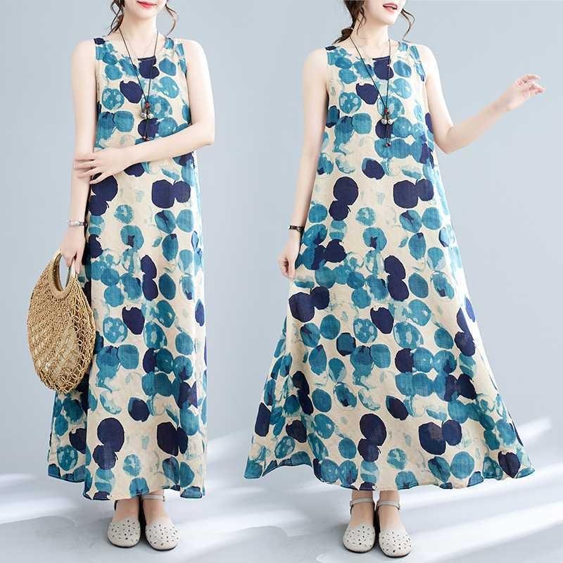 Long Skirt Summer New Sleeveless Round Neck Printed Mid Length Dress