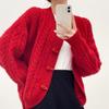 Horn Button Cable Knit Cardigan Autumn Winter Coat Short Lazy Round Neck Loose Sweater Top