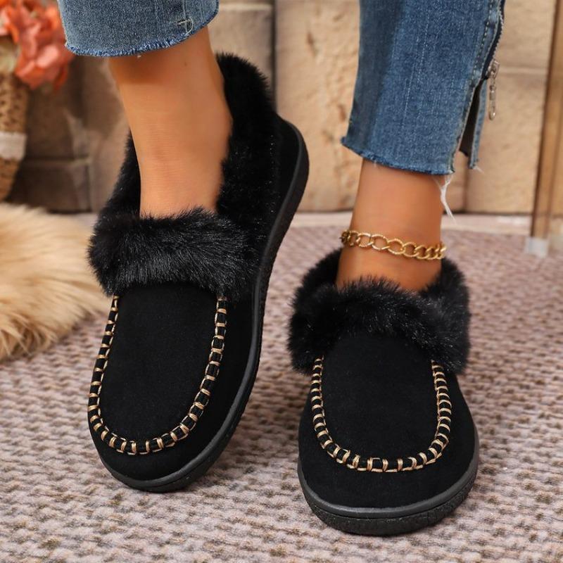 Women's Plus Size Furry Cuff Flat Cotton Shoes Autumn Winter Fleece Lined Warm Slip on Shoes