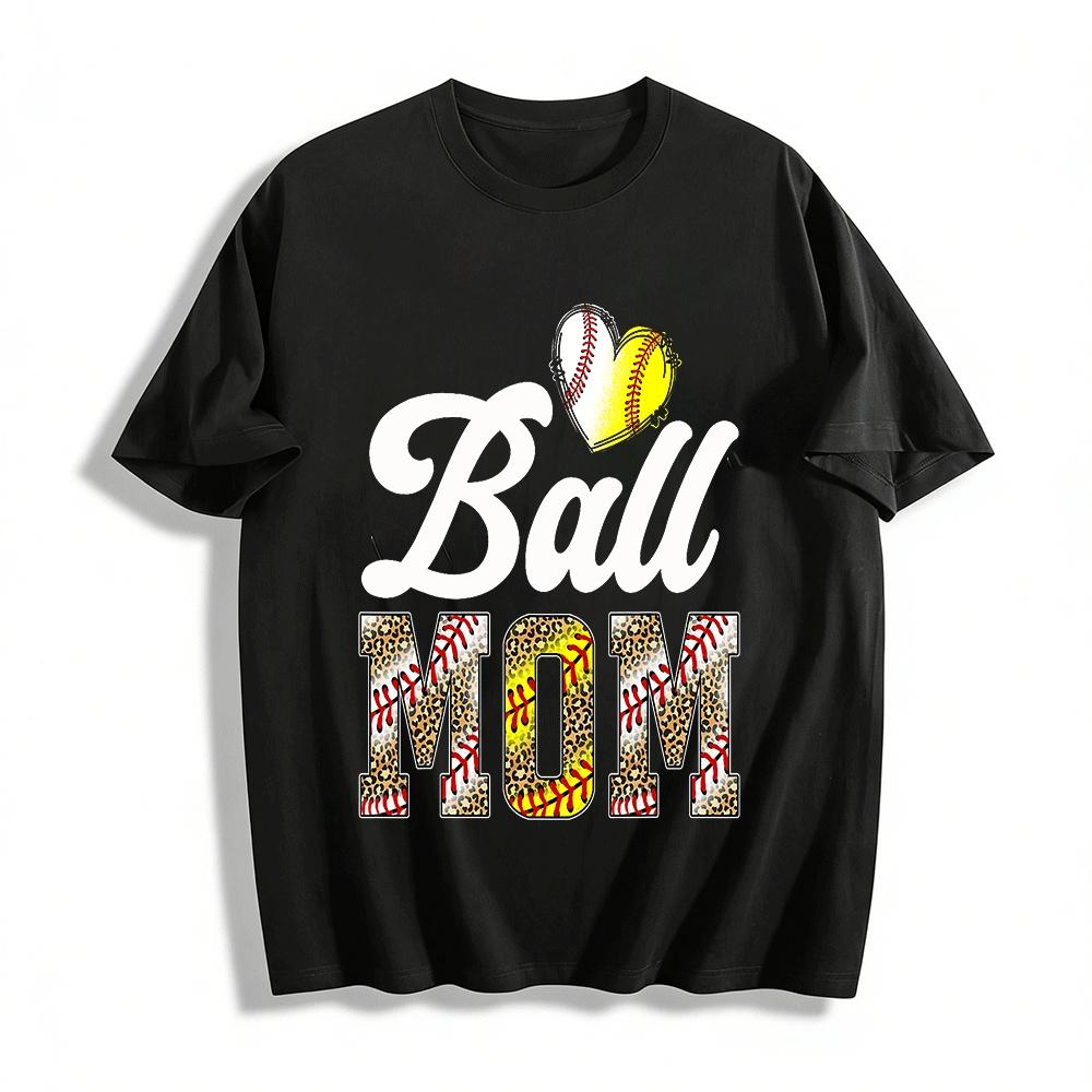 Leopard Print Baseball Softball Heart Graphic Ball Mom Casual Top Pure cotton T-shirt XXS
