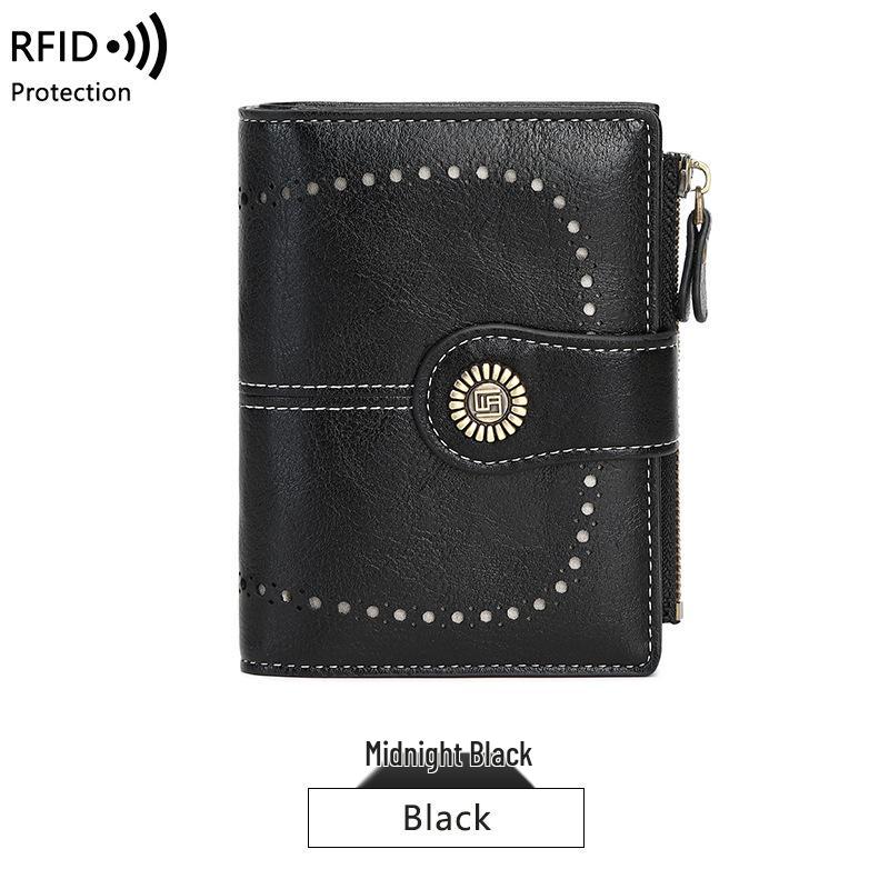 RFID Antimagnetische Damen Geldbörse: Kurzer Stil, Reißverschluss- und Druckknopfverschluss, Geldbörse mit großem Fassungsvermögen und Lochmuster