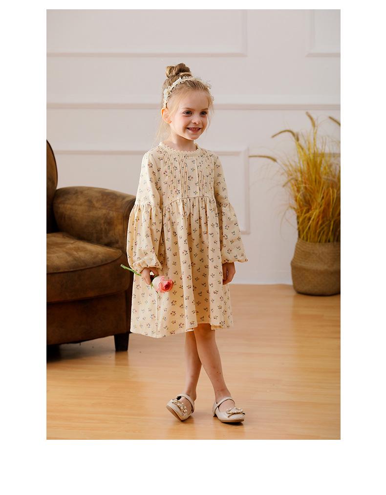 Spring 2026 Korean Forest-Style Floral Print Dress with Pleated Stand Collar, Puff Long Sleeves, and Lace Accents for Girls