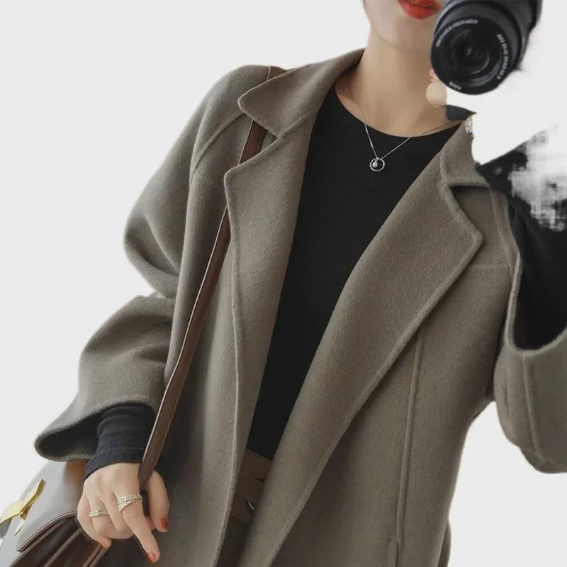 Women's Knee-Length Double-Sided Woolen Coat, Loose Fit, Large Size, High-End Autumn/Winter Collection