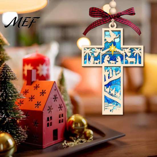 Plaid Bow Xmas Ornament Christmas Wooden Hollowed Pendant, Cross/Christmas Tree Hanging Ornament, Decorative Book Decoration Decor Craft for