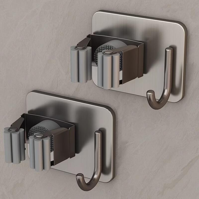 Stainless Steel No-Drill Mop & Broom Holder with Hooks