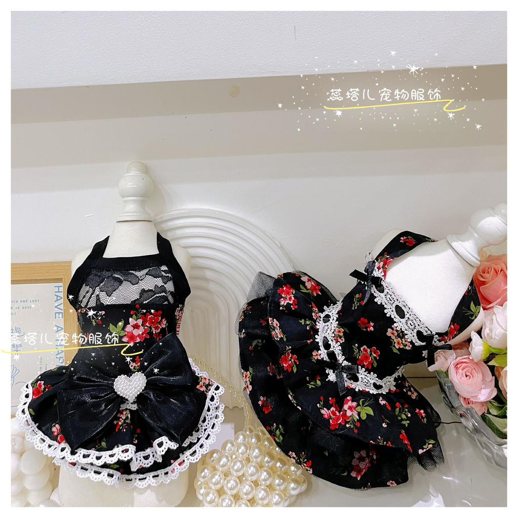 Lovely Puppy Dog Clothing Retro Chic Red Floral Print Lace Bow Black Princess Dress For Small Medium Dog Poodle Pet Dog Clothes