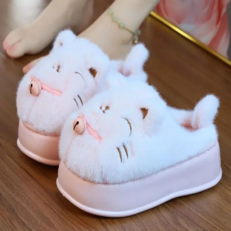 Fashion girl lovely white cat cotton slippers new 2024 winter women fur slides slippers warm comfort indoor home platform fluffy slipper