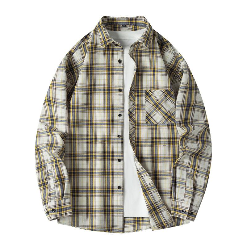 

Spring and Autumn Long Sleeved Checkered Shirt for Men, Retro Loose Casual Shirt Jacket M жовтий