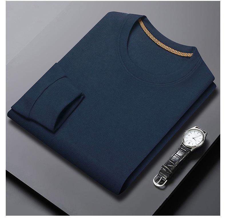 Men's Waffle Knit Long-Sleeve Hoodie - Solid Color Versatile Round Neck T-Shirt for Spring and Autumn