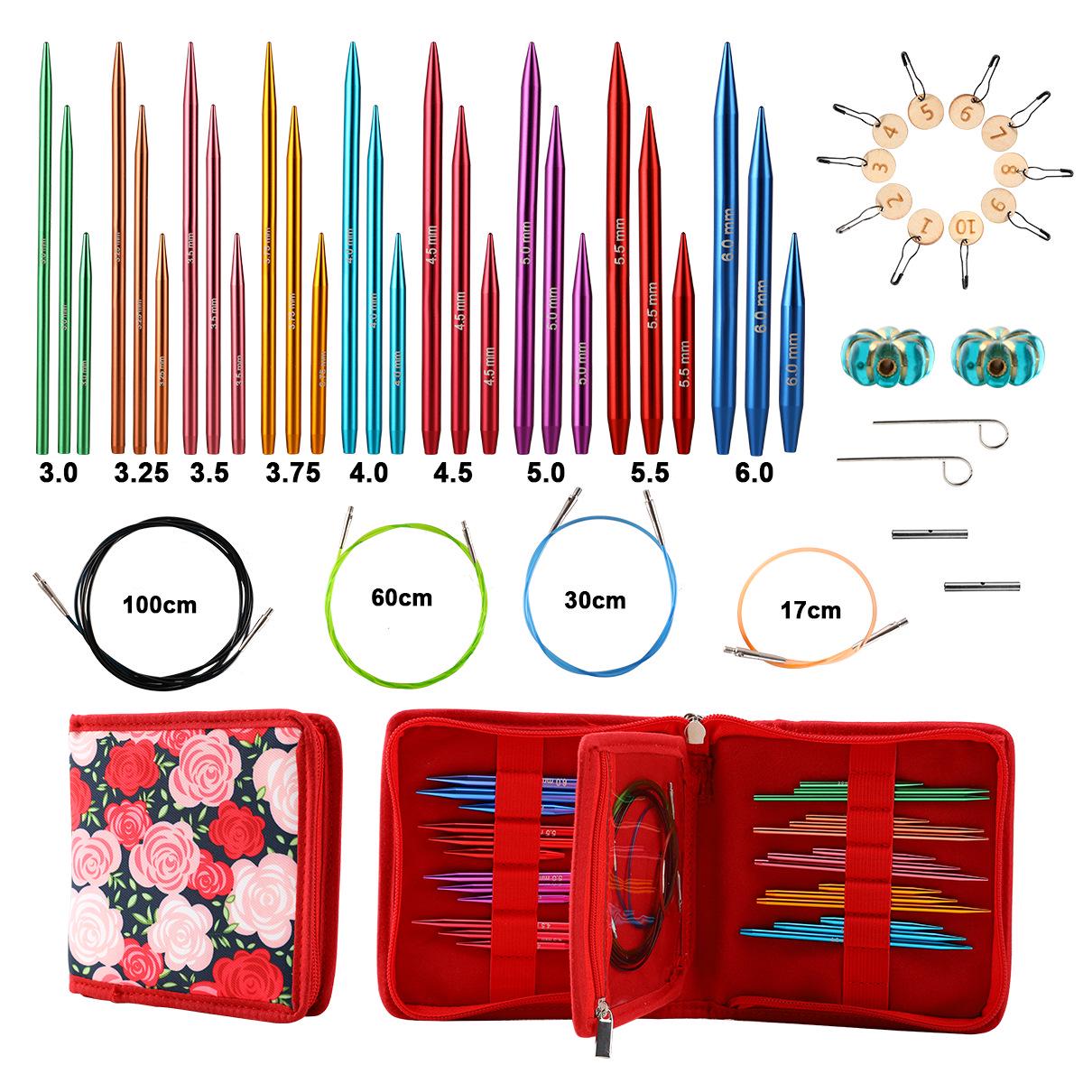 Stainless Steel Circular Knitting Needle Set with Rotating Detachable Cord and Colored Needle Stoppers