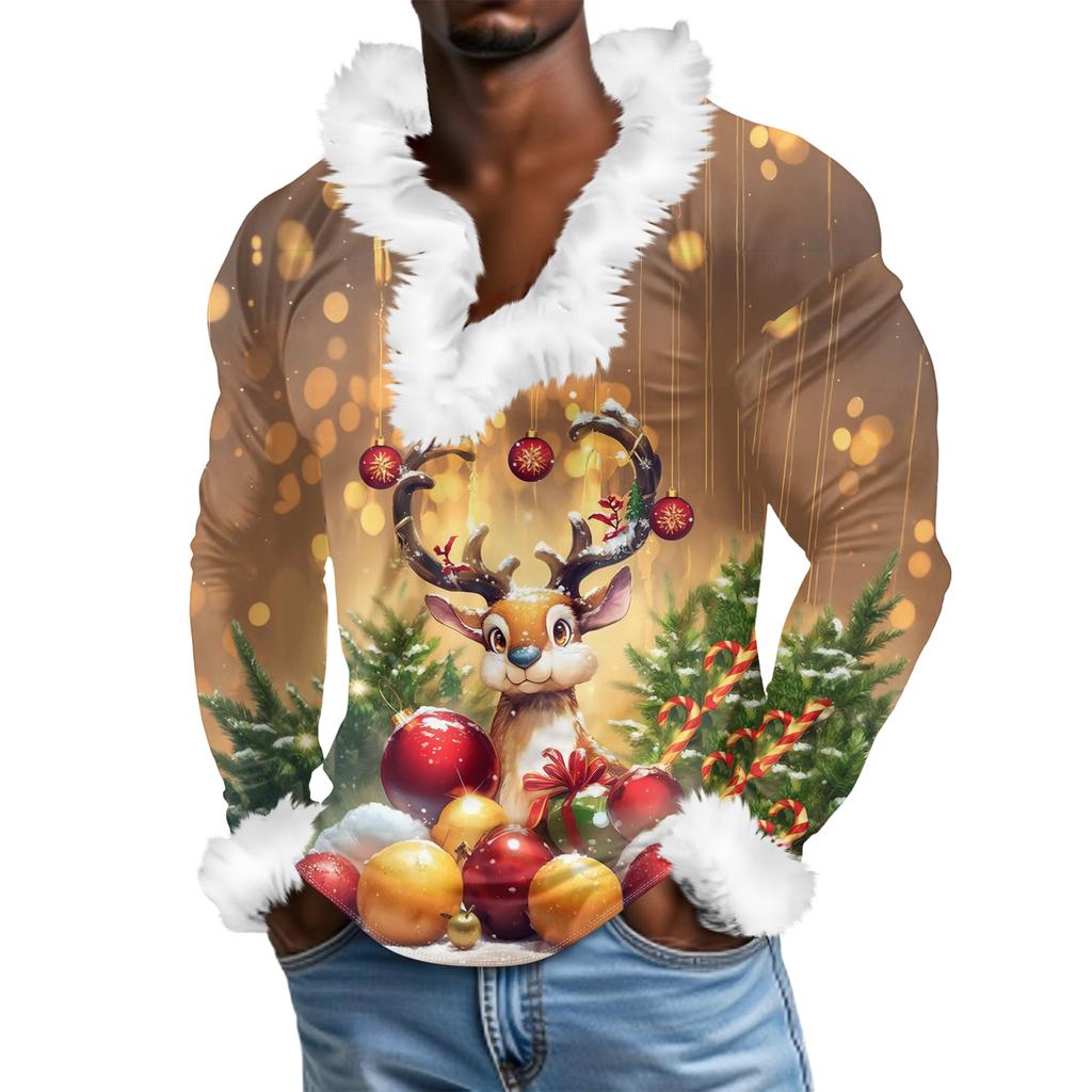 Herren Lässiges Weihnachten Bedrucktes Plüsch V-Ausschnitt und Fleece Langarm-Sweatshirt