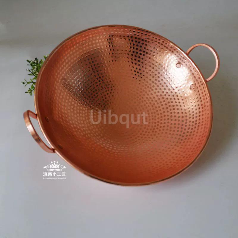 Hand Forged Pure Copper round Wok Pan with Dual Handles Thickened Stir Fry Hot Pot Cookware for Beef Stew Copper Pan cookware