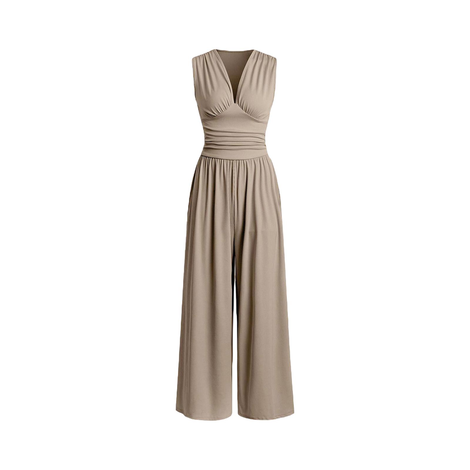 Ärmelloser Gerippter Strick-Jumpsuit V-Ausschnitt Weiter Beinteil Einteiler Romper Dehnbarer Weicher Stoff Bequeme Passform Freizeitkleidung S khaki