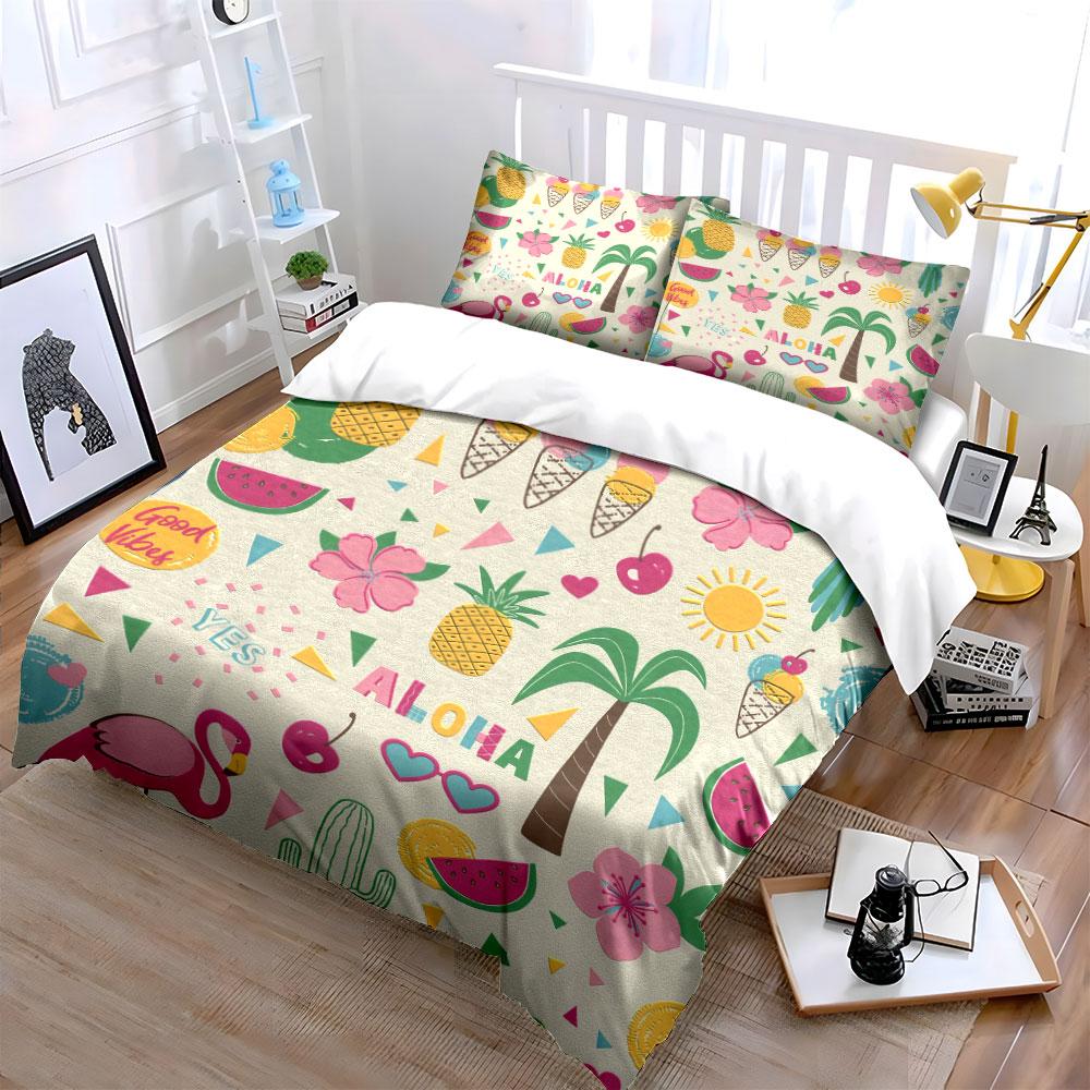 Tropical Aloha Flamingo Pineapple Watermelon Bedding Set 3pcs Summer Cute Fruit Palm Tree Print Duvet Cover Bed Linen