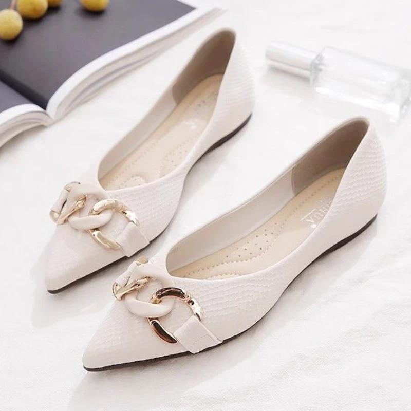 Fashion Black Women's Flat Shoes Low Heel Elegant Formal Ladies Footwear Pointed Toe White Luxury Brand Slip On Sale Wholesale Casual 39